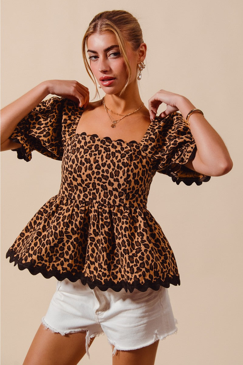 Lola Leopard Animal Print Cotton Peplum Top