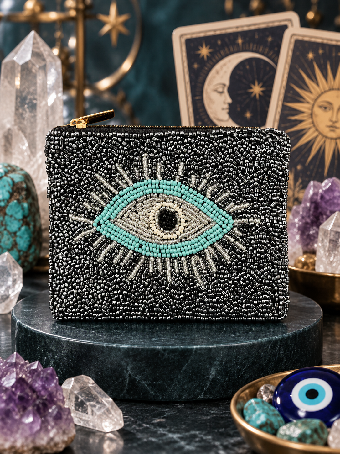 Evil Eye Seed Beaded Storage Bag Pouch Purse
