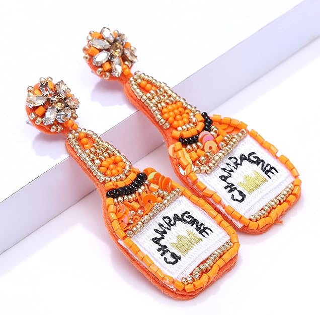 Orange Champagne Bottle Crystal Beaded Earrings