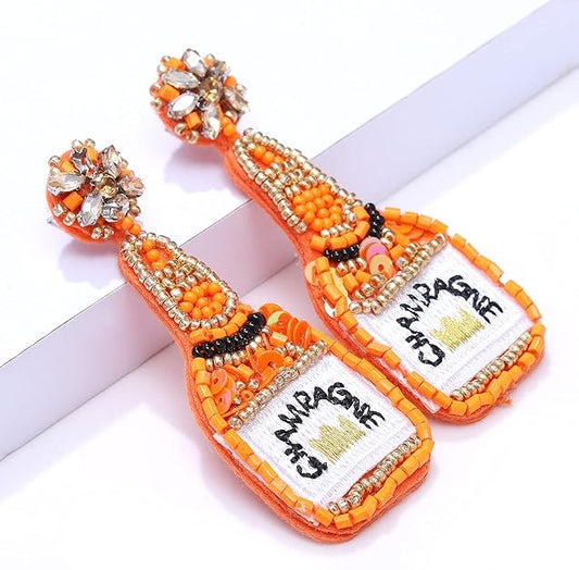Orange Champagne Bottle Crystal Beaded Earrings