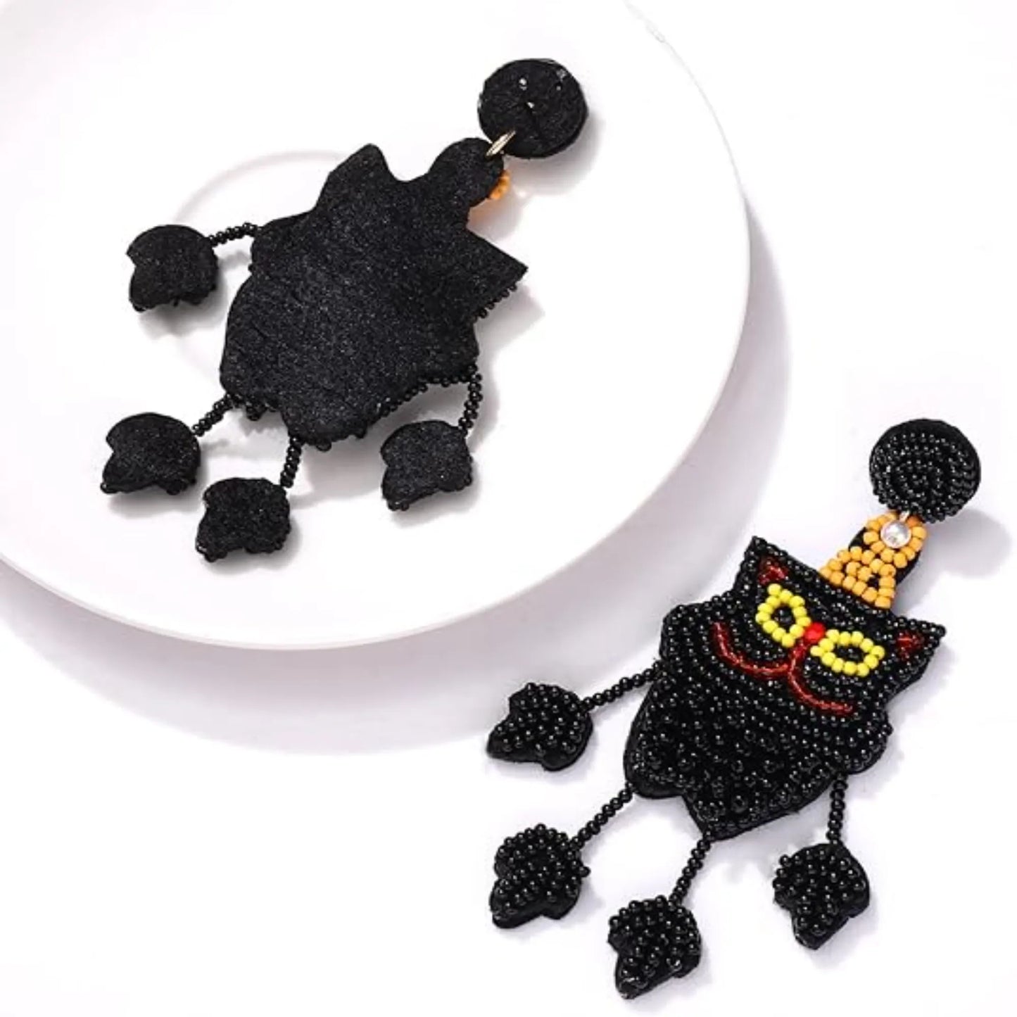 Halloween Black Cat Seed Beaded Dangle Earrings
