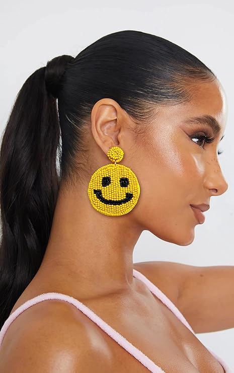 Smiley Face Emoji Yellow Seed Beaded Earrings