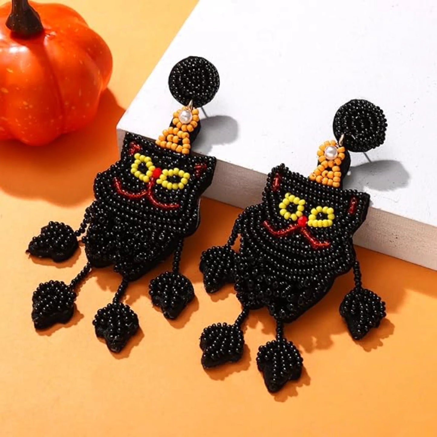Halloween Black Cat Seed Beaded Dangle Earrings