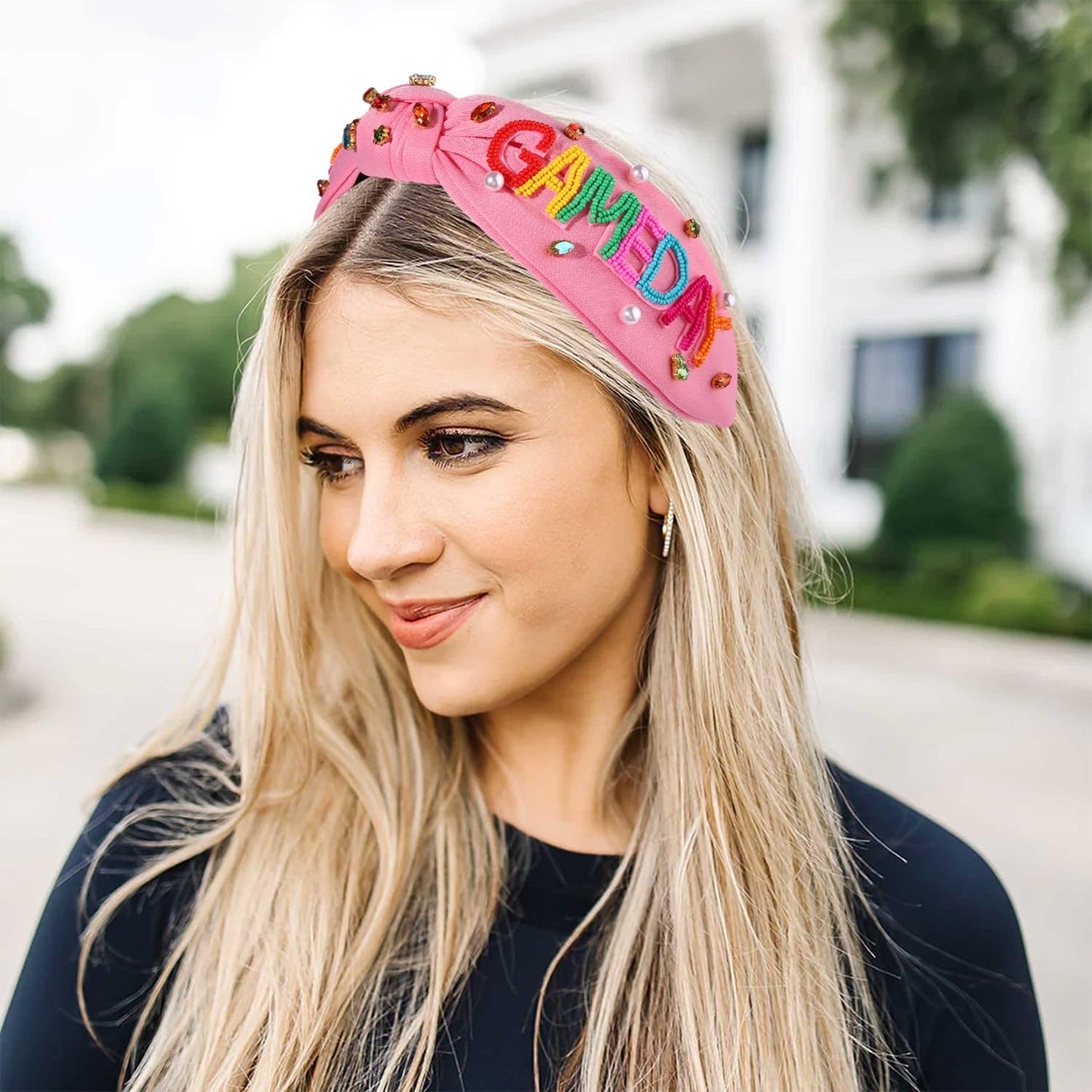 Pink GAMEDAY Football Sports Beaded Crystal Top Knot Headband