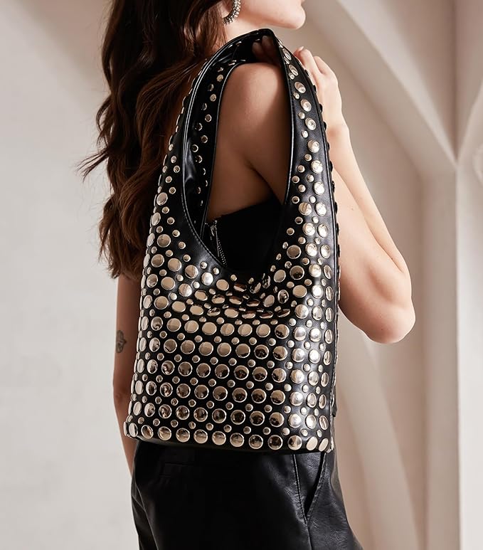 Retro Romy Black Studded Hobo Handbag