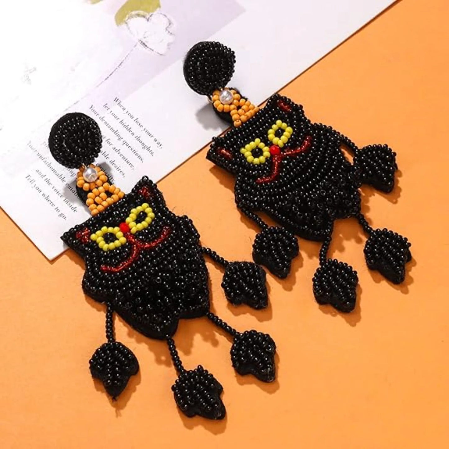 Halloween Black Cat Seed Beaded Dangle Earrings