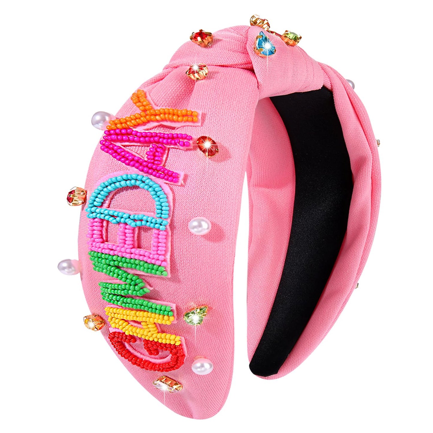 Pink GAMEDAY Football Sports Beaded Crystal Top Knot Headband