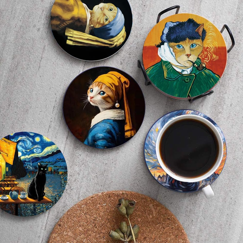 Set of 8 Famous Art Cat Theme Coasters