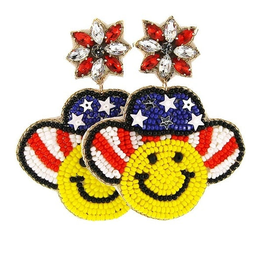 Smiley Face Emoji Flag Patriotic Cowgirl Beaded Earrings
