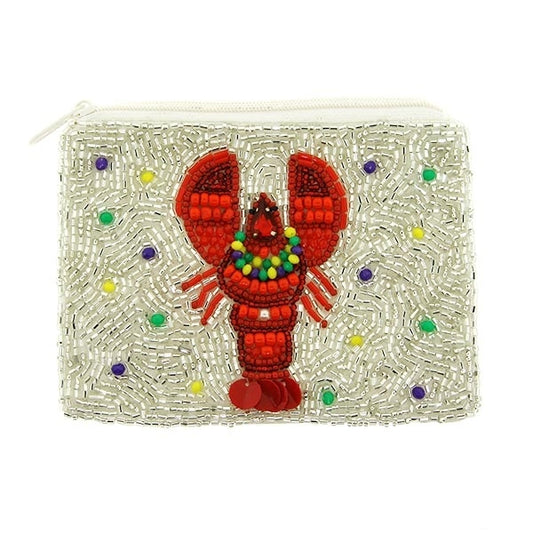 Mardi Gras Lobster Seed Beaded Coin Pouch Purse