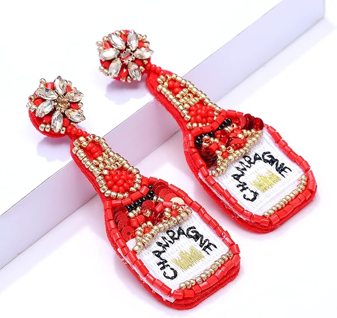 Red Champagne Bottle Crystal Beaded Earrings
