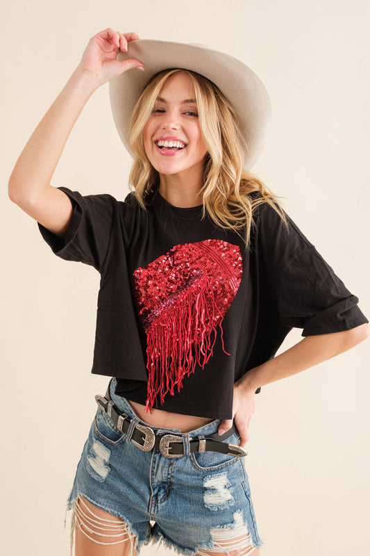 Football Georgia Red Black Sequin Fringe Crop Top