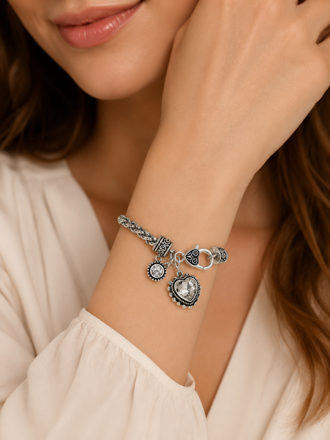 Heart To Heart Clear Silver Charm Bracelet