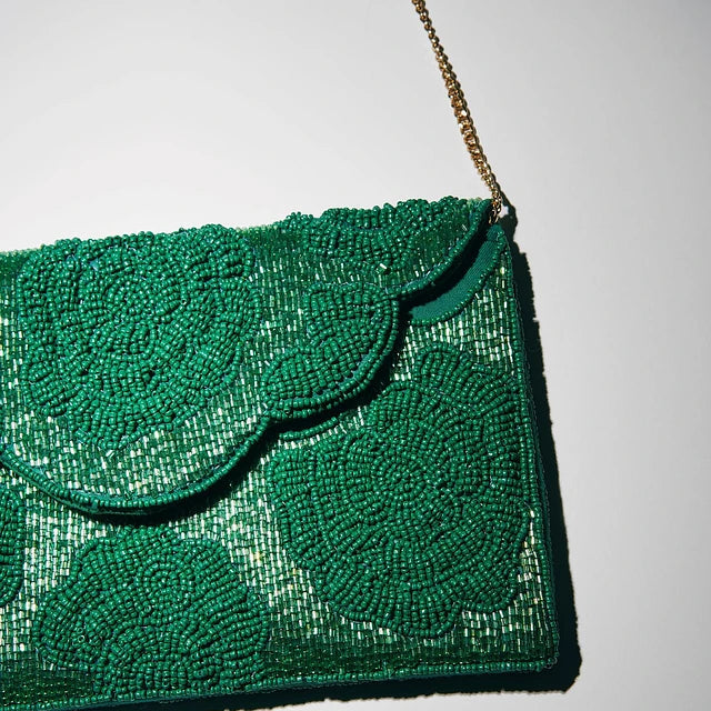 Green Rose Beaded Clutch Crossbody Handbag