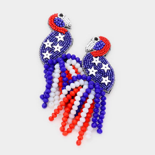 4th of July Flamingo American Patriotic Beaded Earrings