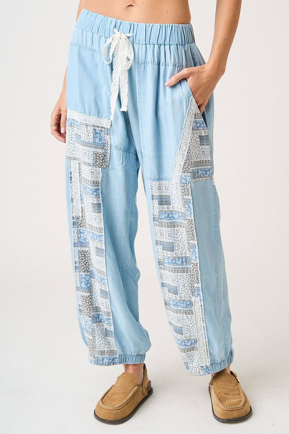 Lace Patchwork Chambray Boho Pants