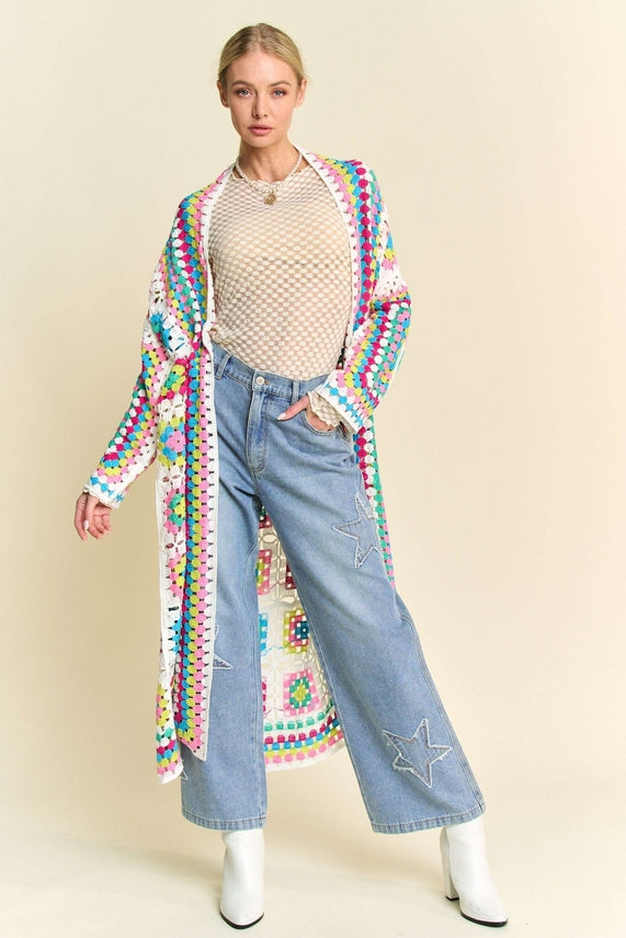 Coachella Ready Boho Style Crochet Neon Knit Cardigan