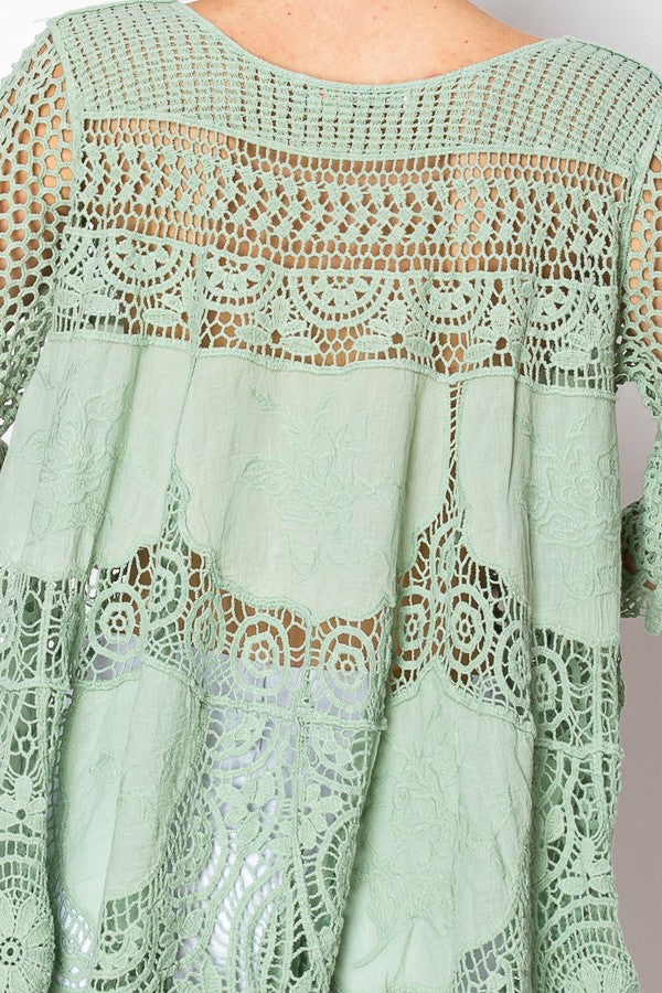 Rowen Crochet Lace Bohemian Tunic Top in Sage Green