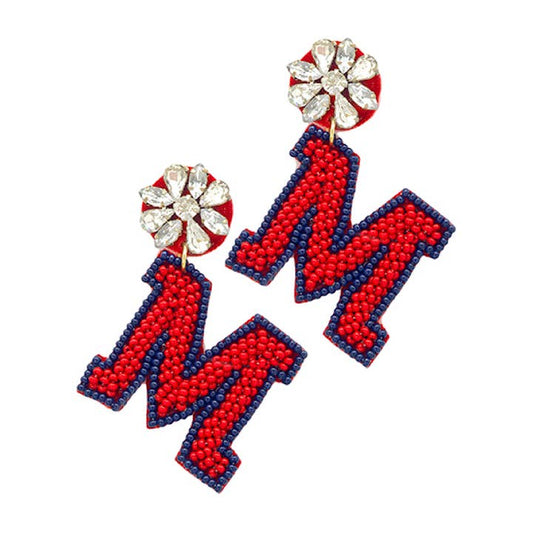 OLE MISS Rebels Football Team Beaded Letter M Earrings