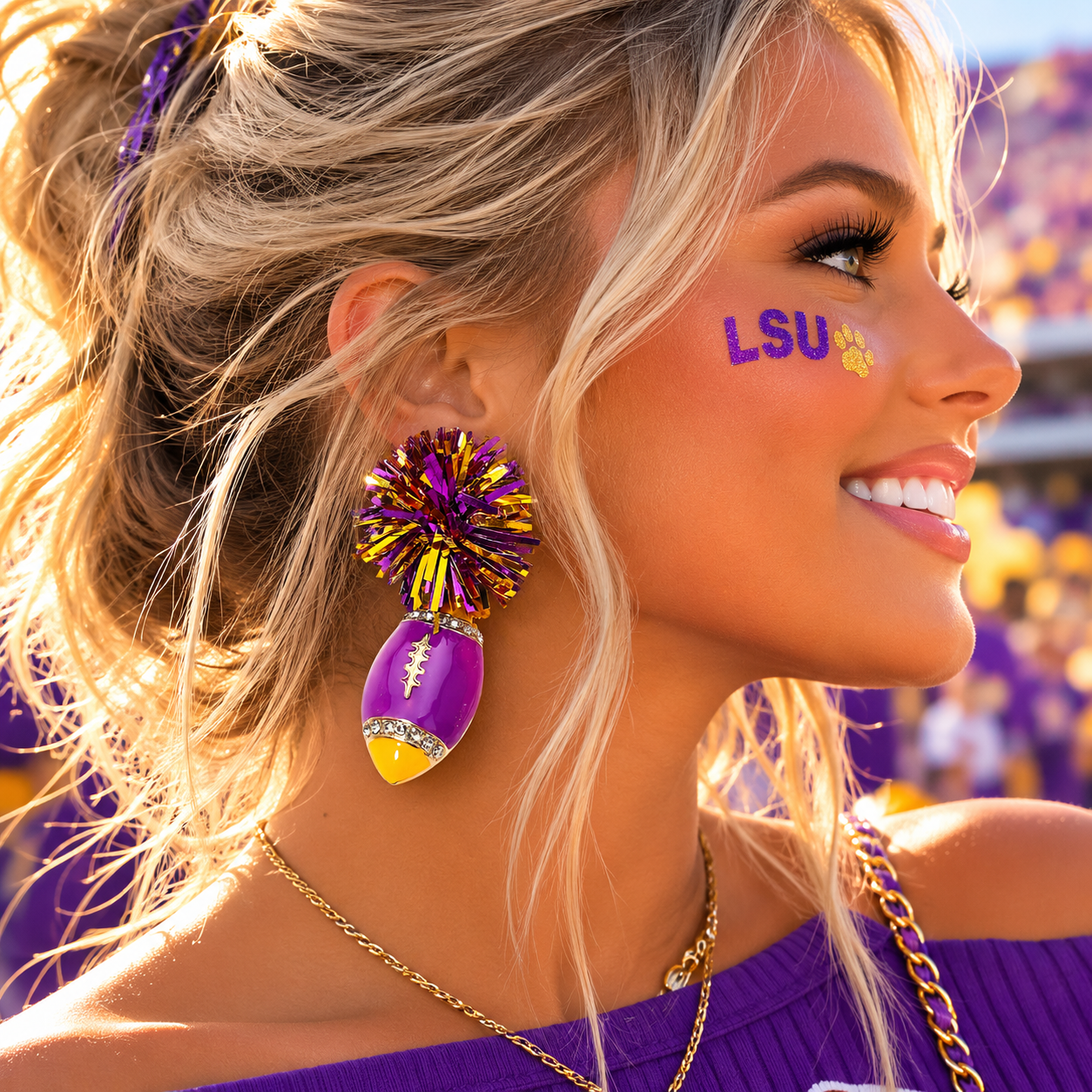 Purple & Gold Tinsel Gameday Football Earrings