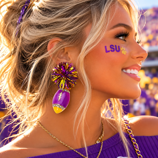 Purple & Gold Tinsel Gameday Football Earrings