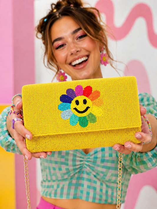Smile Flower Seed Beaded Yellow Clutch / Crossbody Bag