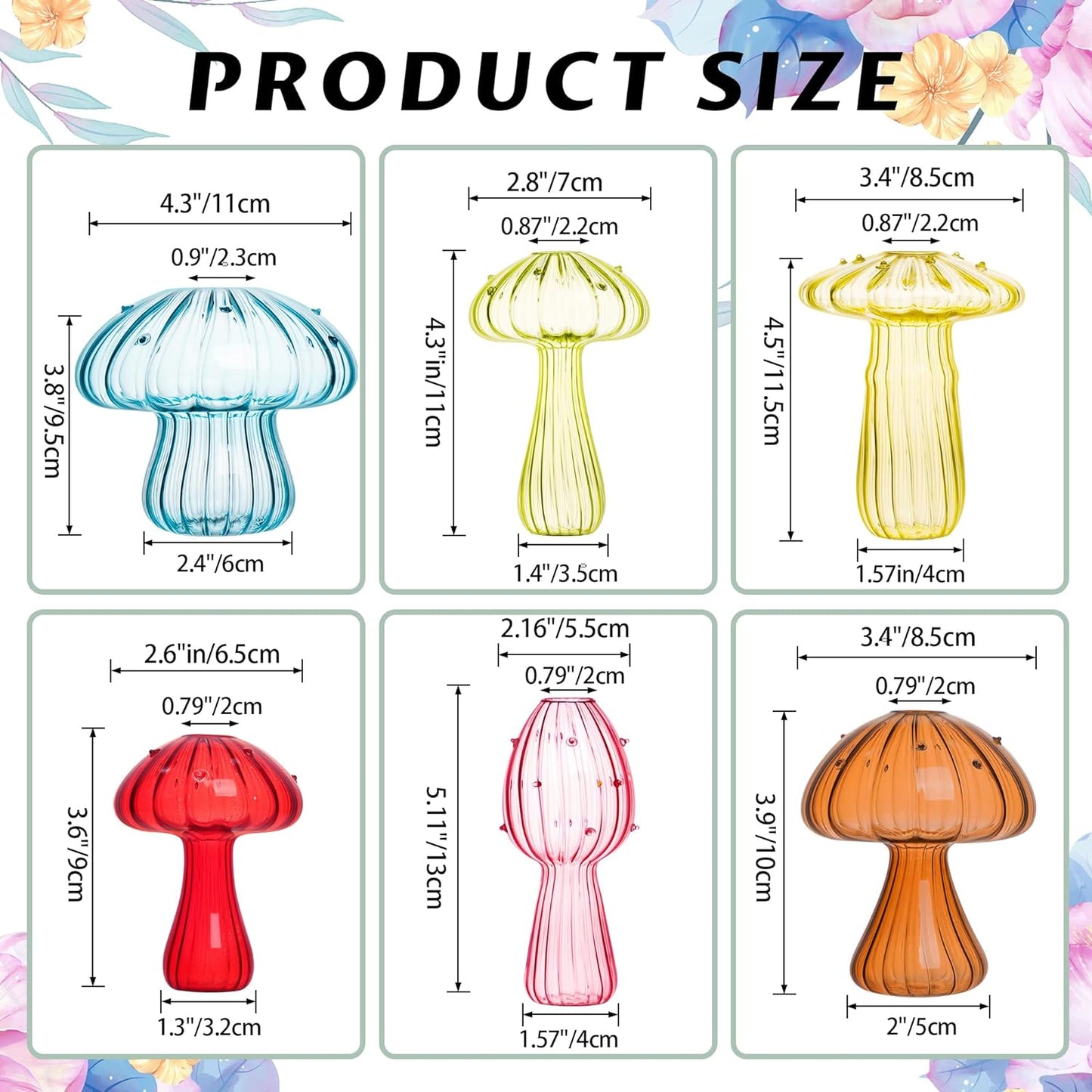 Set of 6 Mushroom Shaped Small Colorful Bud Vases