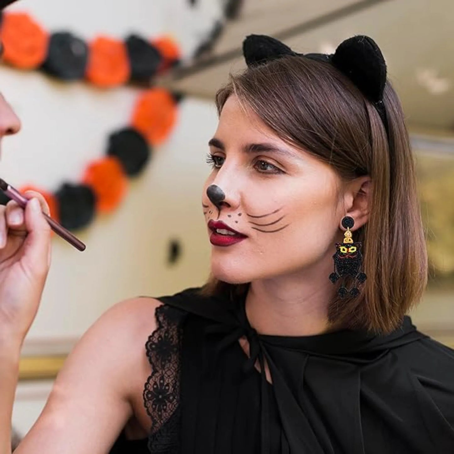 Halloween Black Cat Seed Beaded Dangle Earrings