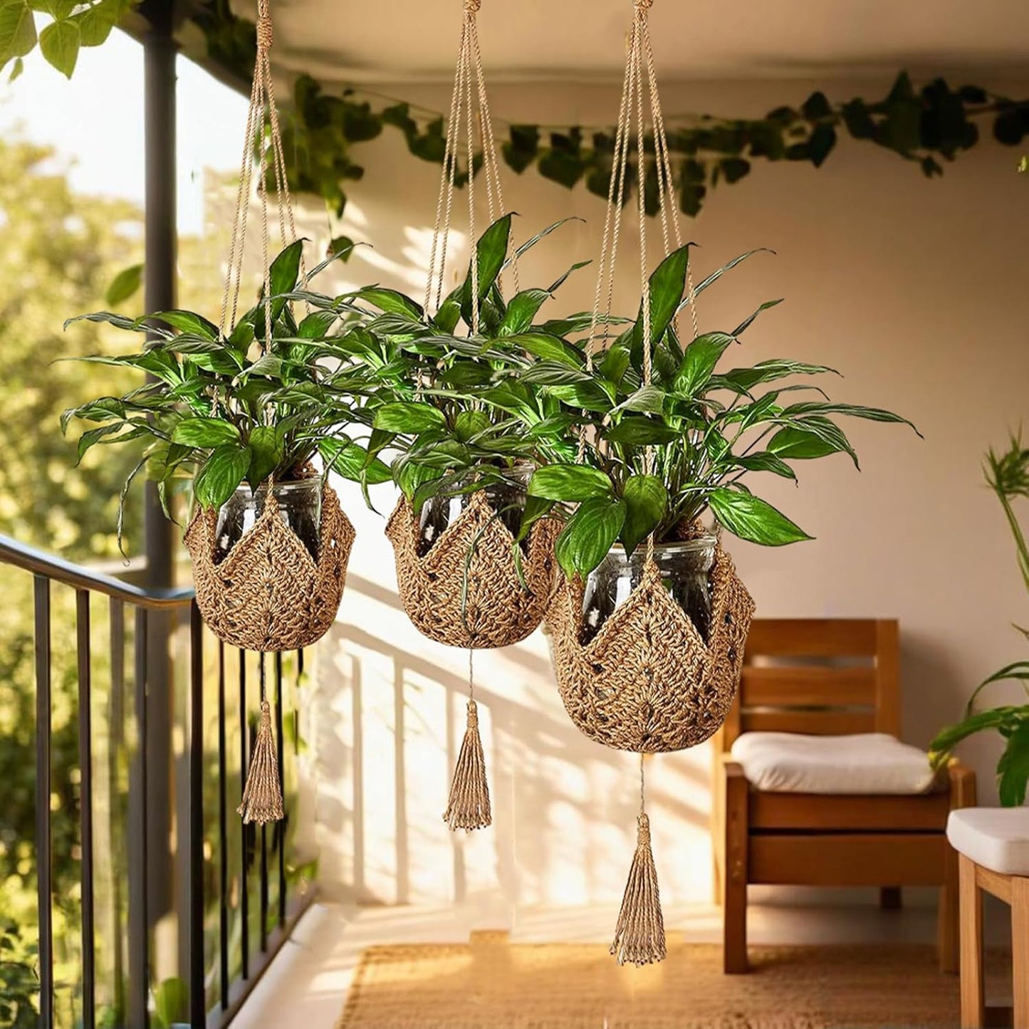 Set of 2 Woven Jute Boho Plant Hangers