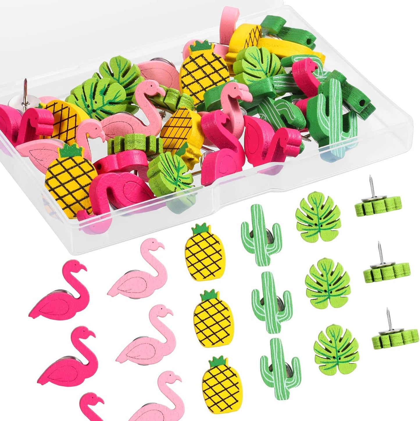 Box of 30 Tropical Theme Flamingo Wooden Push Pins