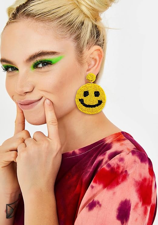 Smiley Face Emoji Yellow Seed Beaded Earrings