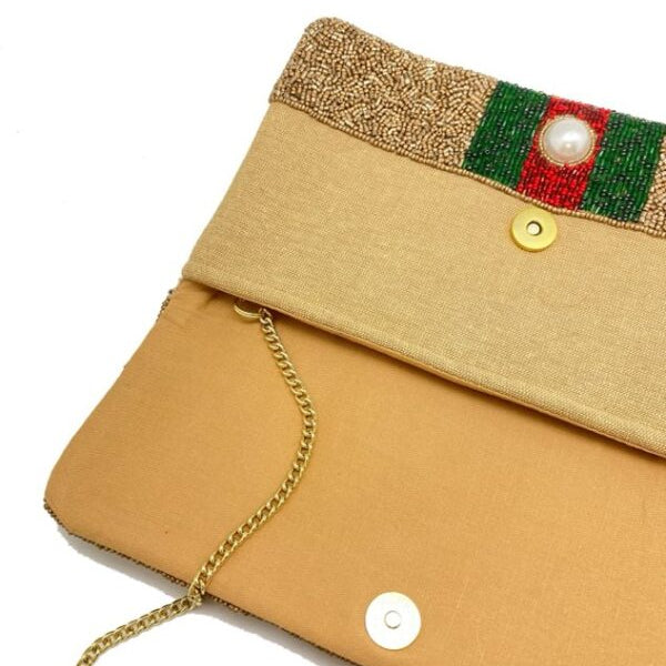 Red Green Striped Gold Beaded Clutch Bag