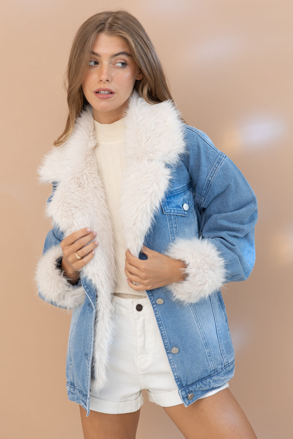 Cozy Rebel Plush Fur Collar Denim Jacket