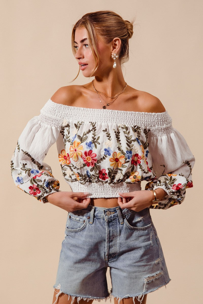 Frida Floral Embroidered Off-Shoulder Boho Top