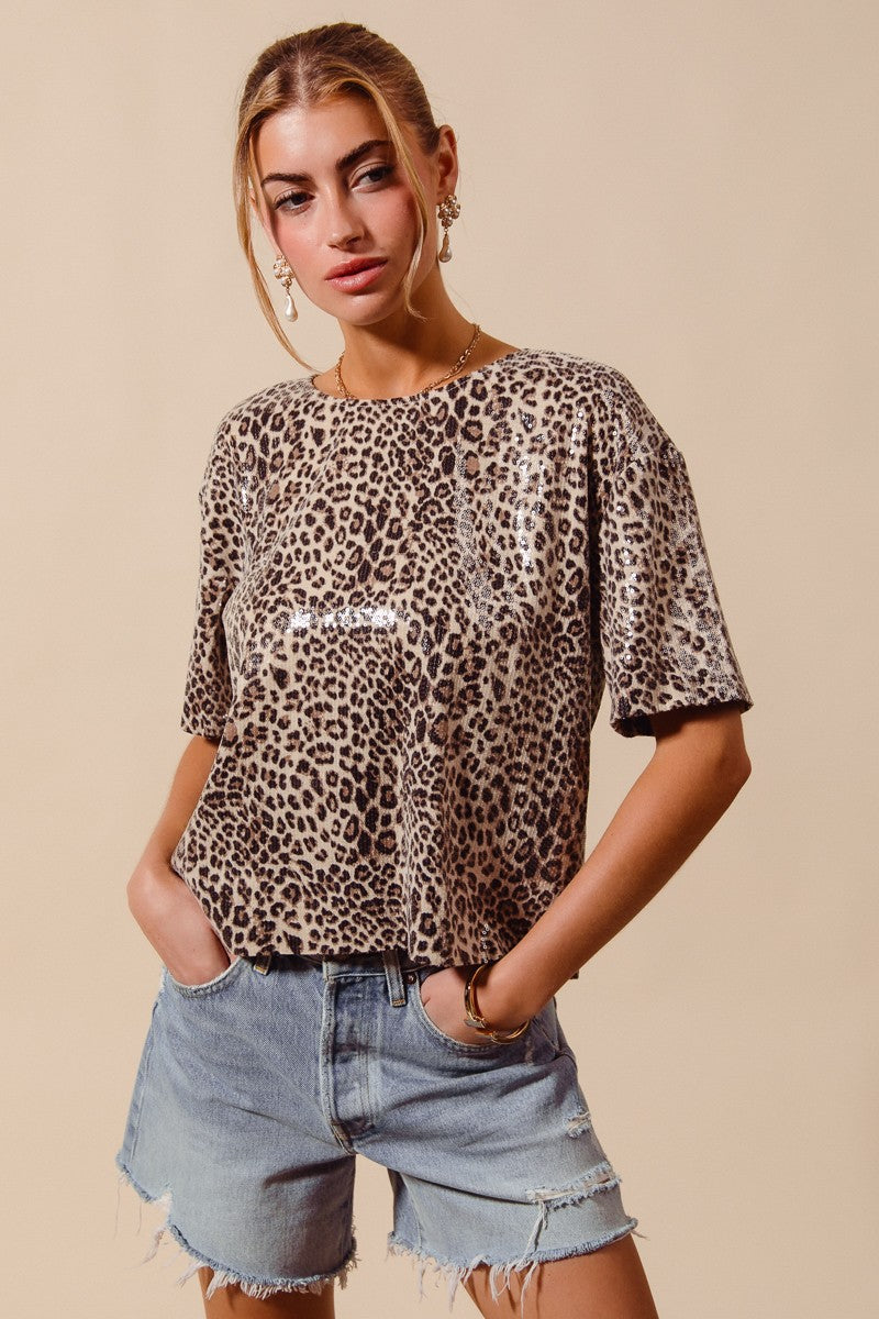 Shana Leopard Animal Print Sequin Sparkle Top