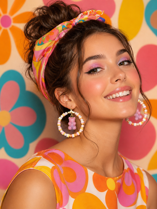 Gummy Bear Charm Beaded Hoop Drop Earrings
