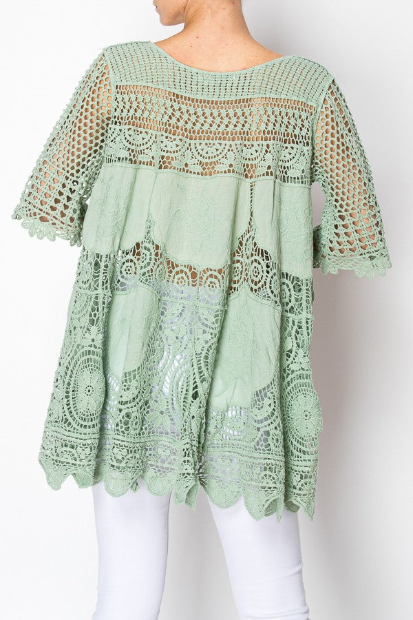 Rowen Crochet Lace Bohemian Tunic Top in Sage Green