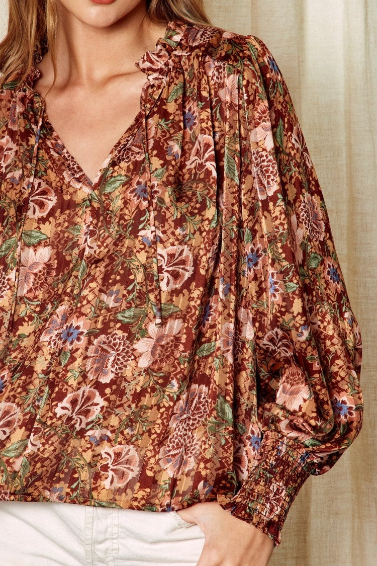 Botanical Boho Ruffled Neck Top