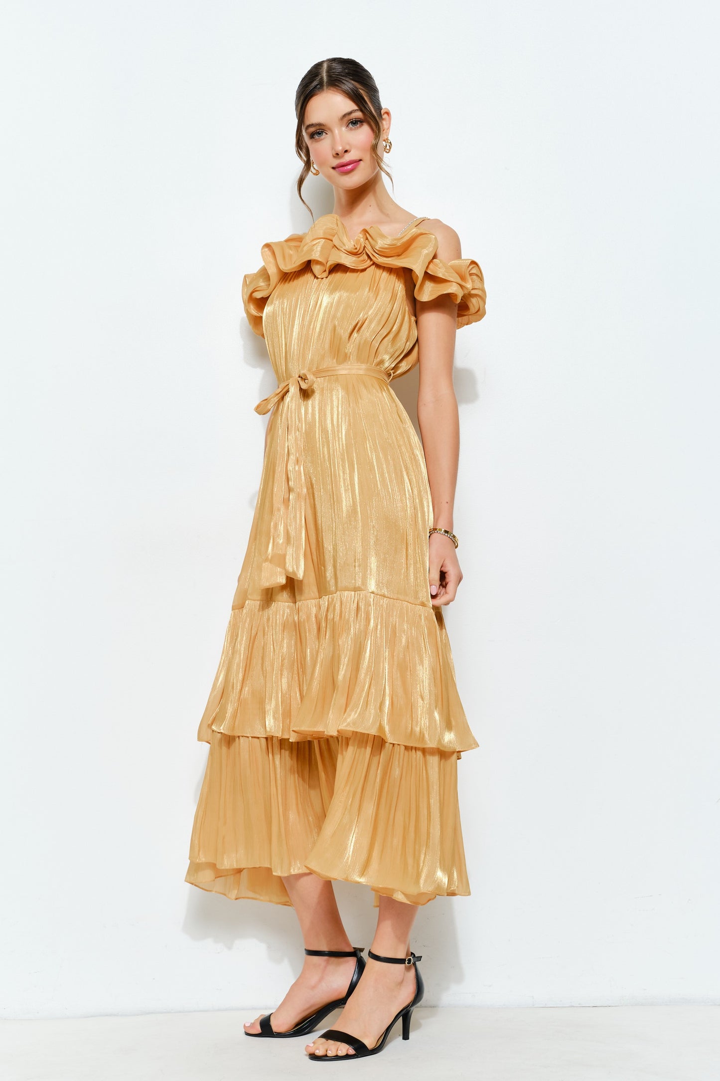 Shimmer In Gold Off-Shoulder Dress