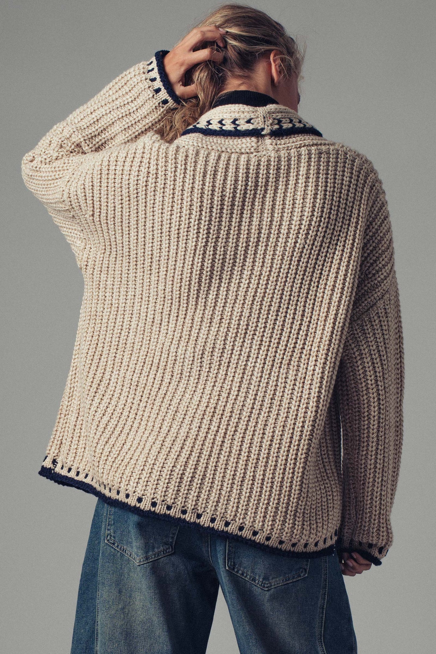 Academia Core Oversized Contrast Stitch Cardigan Sweater