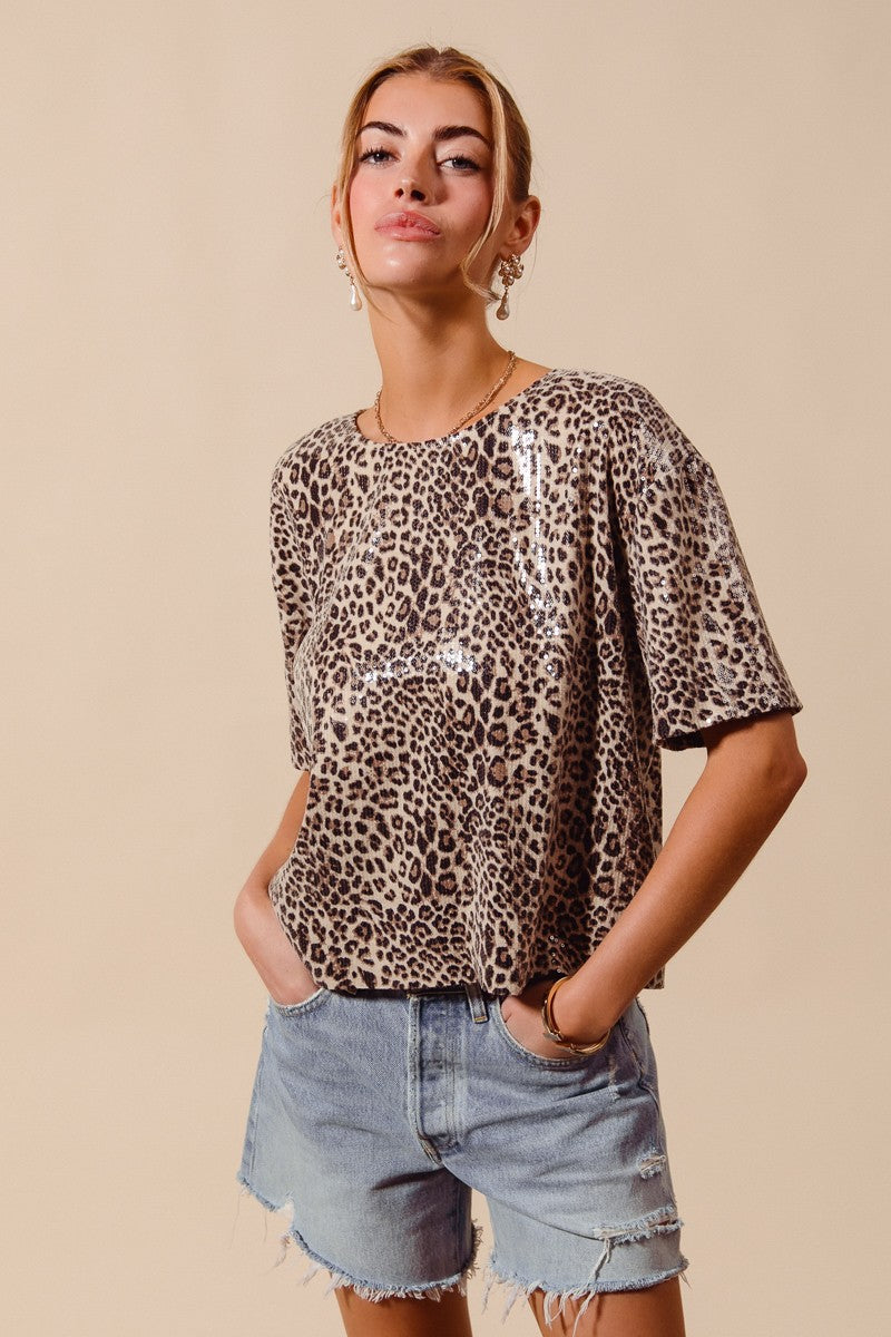 Shana Leopard Animal Print Sequin Sparkle Top