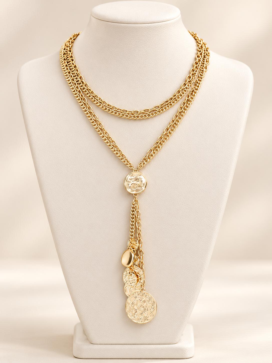 Coin Medallion Multi-Strand Layered Chain Gold Necklace