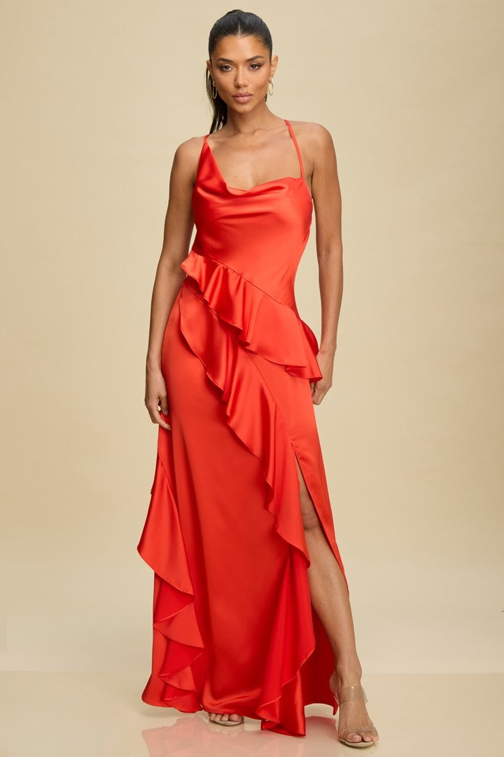 Satin Symphony Ruffled Maxi Dress Gown