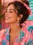 Pink Flamingo Crystal Bow Earrings