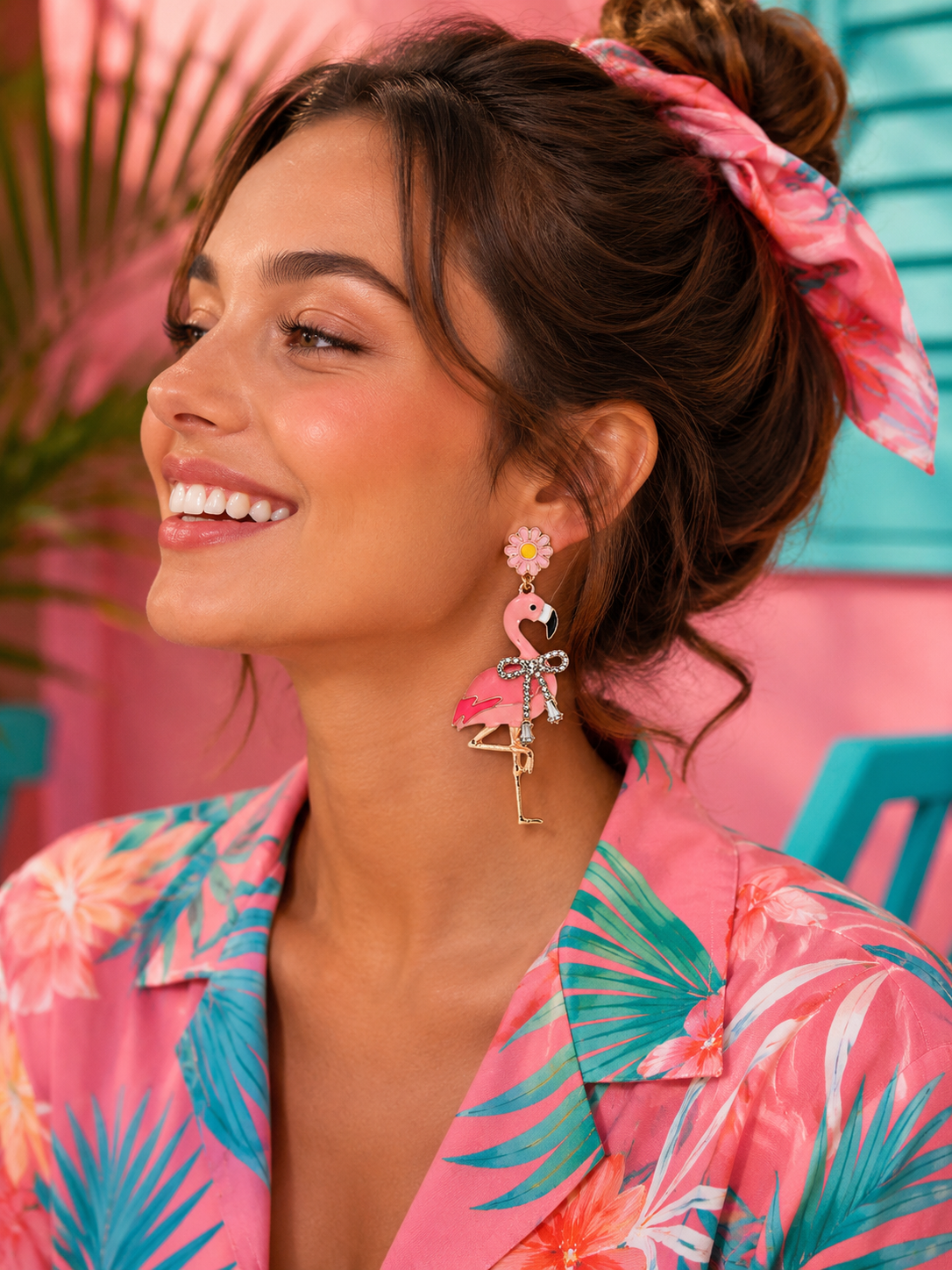 Pink Flamingo Crystal Bow Earrings