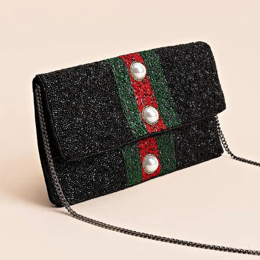 Red Green Striped Black Beaded Clutch Bag