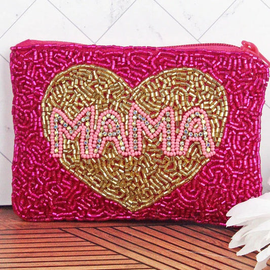MAMA LOVE Pink Beaded Coin Storage Pouch