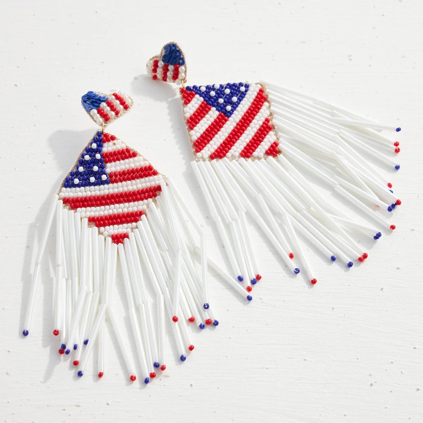 American USA Flag Patriotic Beaded Fringe Earrings