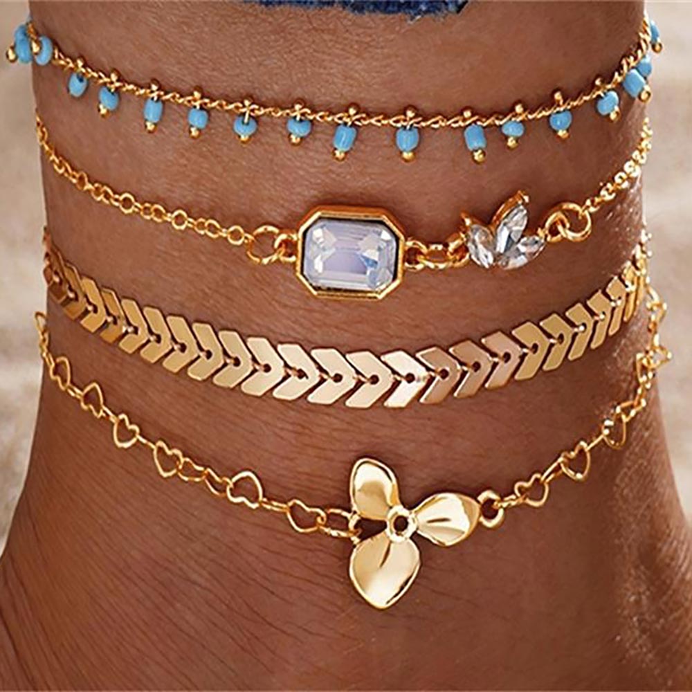 4PC Boho Gold Dipped Charm Anklet Set