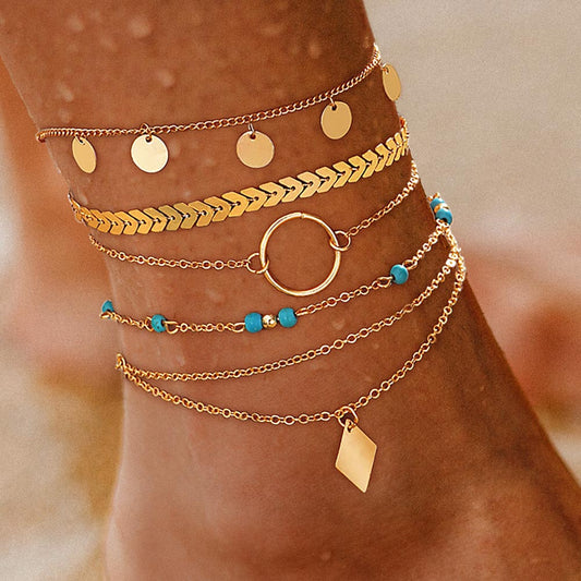 5PC Boho Gold Beaded Charm Anklet Set